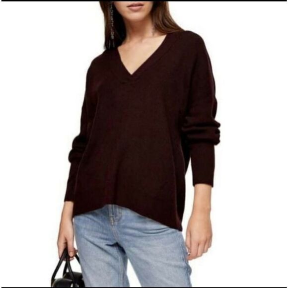 TopShop Ribbed V-Neck very dark  Burgundy Sweater Sz M - Picture 1 of 7